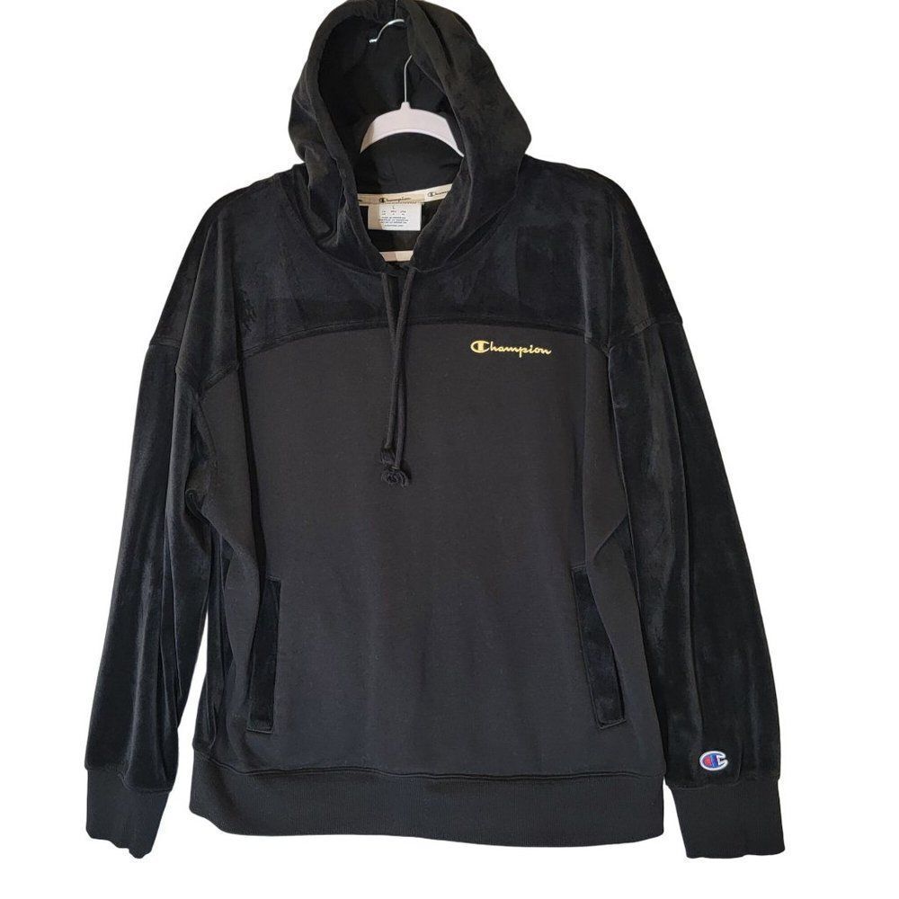 Y2K Champion Velour Hoodie Womens L Sweatshirt Solid Black 90s Thick Long Sleeve
